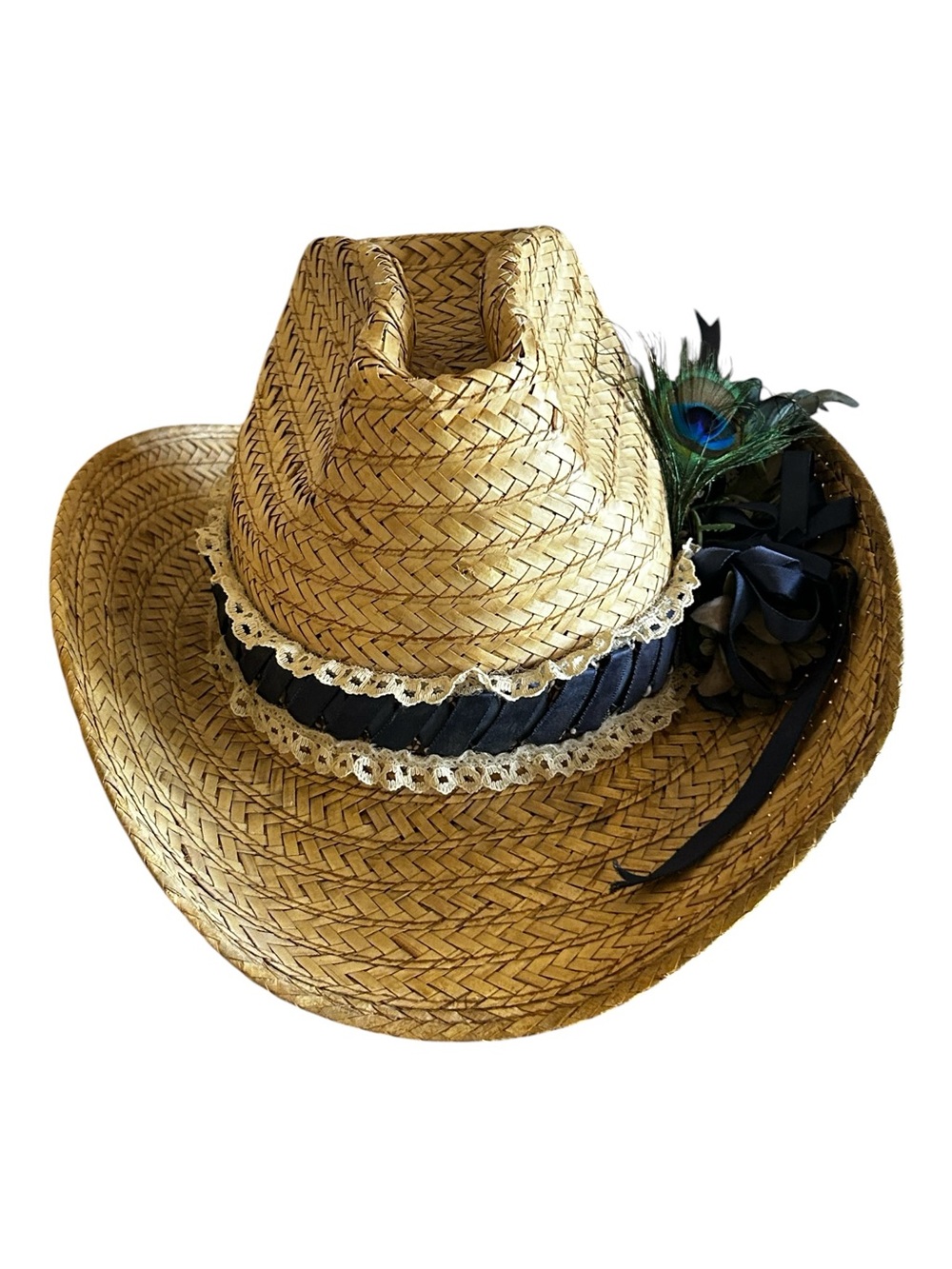 Embellished Straw Cowboy Hat Rustic Pinched Front Upturned Brim